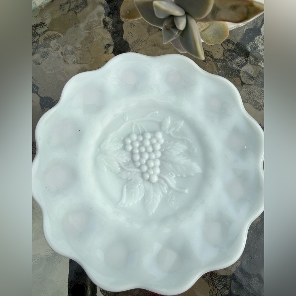 Vintage White Milk Glass Grape Pattern Bowl 8x8 Decorative Dish